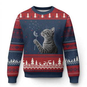 Cat Blowing Dandelion Ugly Christmas Sweater Kitten Making A Wish Nature Art TS11 Navy Red Print Your Wear