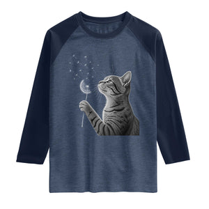 Cat Blowing Dandelion Raglan Shirt Kitten Making A Wish Nature Art TS11 Heather Denim Navy Print Your Wear
