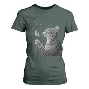 Cat Blowing Dandelion T Shirt For Women Kitten Making A Wish Nature Art TS11 Dark Forest Green Print Your Wear