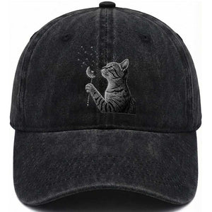 Cat Blowing Dandelion Washed Cotton Baseball Cap Kitten Making A Wish Nature Art TS11 Print Your Wear