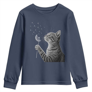 Cat Blowing Dandelion Youth Sweatshirt Kitten Making A Wish Nature Art TS11 Navy Print Your Wear