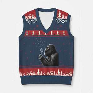 Bigfoot Blowing Dandelion V-Neck Knit Sweater Vest Funny Sasquatch Making A Wish TS11 Navy Red Print Your Wear