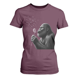 Bigfoot Blowing Dandelion T Shirt For Women Funny Sasquatch Making A Wish TS11 Maroon Print Your Wear