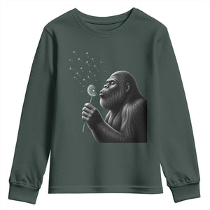 Bigfoot Blowing Dandelion Youth Sweatshirt Funny Sasquatch Making A Wish TS11 Dark Forest Green Print Your Wear