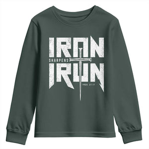 Iron Sharpens Iron Youth Sweatshirt Christian Bible Scripture Gym Workout TS11 Dark Forest Green Print Your Wear