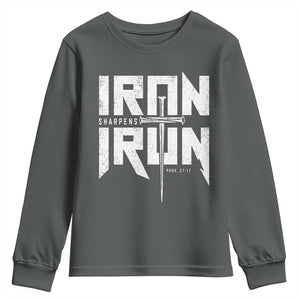 Iron Sharpens Iron Youth Sweatshirt Christian Bible Scripture Gym Workout TS11 Dark Heather Print Your Wear