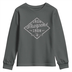 Iron Sharpens Iron Youth Sweatshirt Christian Faith Scripture Nail Jesus Cross TS11 Dark Heather Print Your Wear