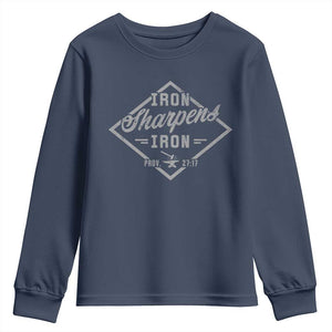 Iron Sharpens Iron Youth Sweatshirt Christian Faith Scripture Nail Jesus Cross TS11 Navy Print Your Wear