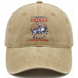 Funny 4th of July Western Cowboy Washed Cotton Baseball Cap America Land Of The Yee Home Of The Haw TS11 Washed Cap Universal Fit Khaki Print Your Wear