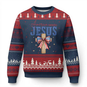 Funny America Needs Jesus Ugly Christmas Sweater 4th Of July Patriotic Christian Coquette Bow TS11 Navy Red Print Your Wear