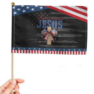 Funny America Needs Jesus Patriotic Handheld Flag 4th Of July Patriotic Christian Coquette Bow TS11 Distressed 8.2" × 5.5" Black Blue Print Your Wear