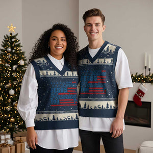 Funny She Loves Jesus And America Too V-Neck Knit Sweater Vest 4th Of July Christian American Flag TS11 Navy Beige Print Your Wear