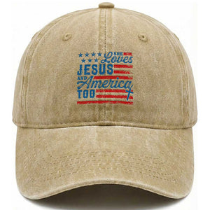 Funny She Loves Jesus And America Too Washed Cotton Baseball Cap 4th Of July Christian American Flag TS11 Washed Cap Universal Fit Khaki Print Your Wear