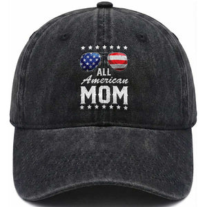 Funny All American Mom 4th Of July Washed Cotton Baseball Cap Family Matching Sunglasses TS11 Washed Cap Universal Fit Black Print Your Wear