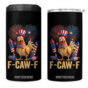 F Caw F 4th of July 4 in 1 Can Cooler Tumbler Funny Rooster Meme American Flag Fireworks