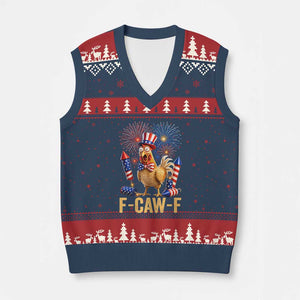 F Caw F 4th of July V-Neck Knit Sweater Vest Funny Rooster Meme American Flag Fireworks