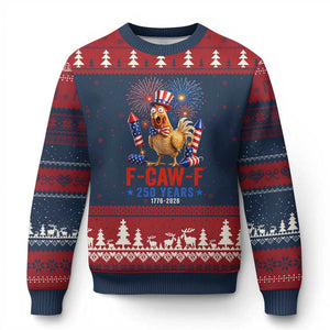 F Caw F 250 Years 1776 2026 Ugly Christmas Sweater Funny Patriotic Rooster Meme Fireworks