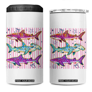 Shark Summer Striped Coastal Ocean Life Glitter Print 4 in 1 Can Cooler Tumbler