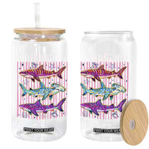 Shark Summer Striped Coastal Ocean Life Glitter Print Glass Can