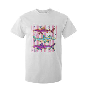 Shark Summer Striped Coastal Ocean Life Glitter Print T Shirt For Kid