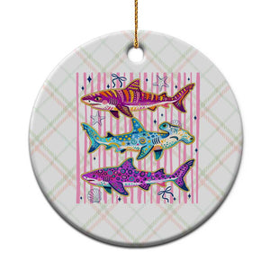 Shark Summer Striped Coastal Ocean Life Glitter Print Ceramic Ornament