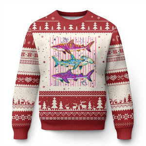Shark Summer Striped Coastal Ocean Life Glitter Print Ugly Christmas Sweater