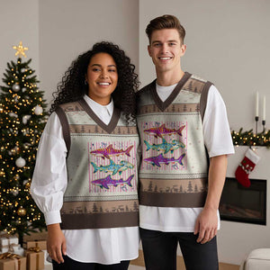 Shark Summer Striped Coastal Ocean Life Glitter Print V-Neck Knit Sweater Vest