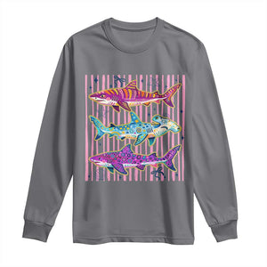 Shark Summer Striped Coastal Ocean Life Glitter Print Long Sleeve Shirt