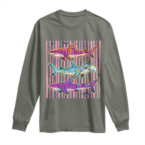 Shark Summer Striped Coastal Ocean Life Glitter Print Long Sleeve Shirt