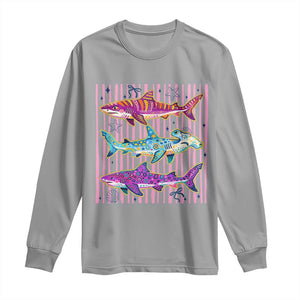 Shark Summer Striped Coastal Ocean Life Glitter Print Long Sleeve Shirt