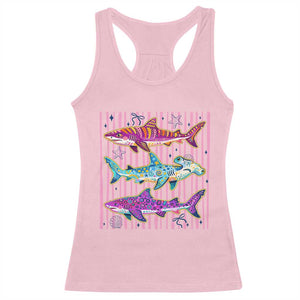 Shark Summer Striped Coastal Ocean Life Glitter Print Racerback Tank Top
