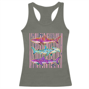 Shark Summer Striped Coastal Ocean Life Glitter Print Racerback Tank Top