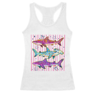Shark Summer Striped Coastal Ocean Life Glitter Print Racerback Tank Top