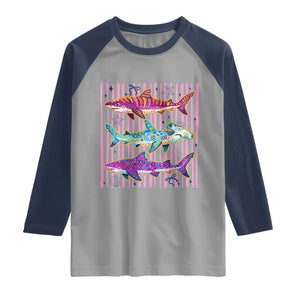 Shark Summer Striped Coastal Ocean Life Glitter Print Raglan Shirt