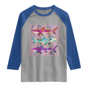 Shark Summer Striped Coastal Ocean Life Glitter Print Raglan Shirt