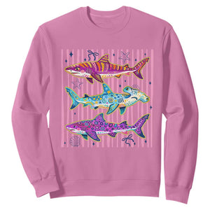 Shark Summer Striped Coastal Ocean Life Glitter Print Sweatshirt