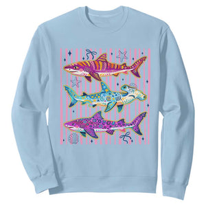 Shark Summer Striped Coastal Ocean Life Glitter Print Sweatshirt