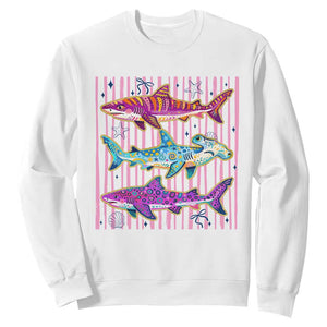 Shark Summer Striped Coastal Ocean Life Glitter Print Sweatshirt