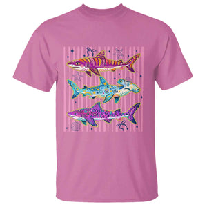 Shark Summer Striped Coastal Ocean Life Glitter Print T Shirt