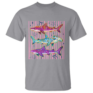 Shark Summer Striped Coastal Ocean Life Glitter Print T Shirt