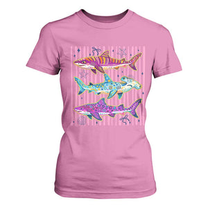 Shark Summer Striped Coastal Ocean Life Glitter Print T Shirt For Women