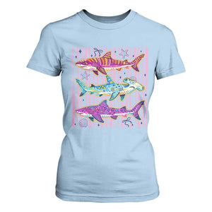 Shark Summer Striped Coastal Ocean Life Glitter Print T Shirt For Women