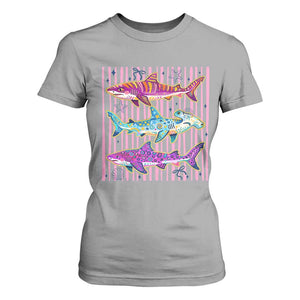 Shark Summer Striped Coastal Ocean Life Glitter Print T Shirt For Women