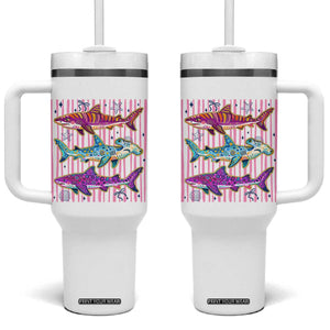 Shark Summer Striped Coastal Ocean Life Glitter Print Tumbler With Handle