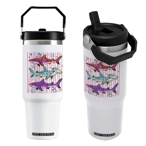 Shark Summer Striped Coastal Ocean Life Glitter Print Flip Straw Tumbler