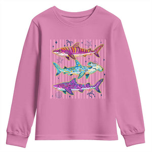Shark Summer Striped Coastal Ocean Life Glitter Print Youth Sweatshirt