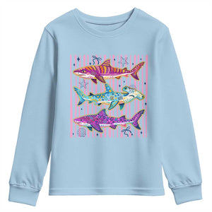 Shark Summer Striped Coastal Ocean Life Glitter Print Youth Sweatshirt