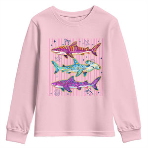 Shark Summer Striped Coastal Ocean Life Glitter Print Youth Sweatshirt