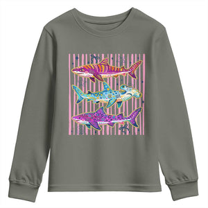 Shark Summer Striped Coastal Ocean Life Glitter Print Youth Sweatshirt
