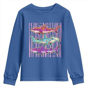 Shark Summer Striped Coastal Ocean Life Glitter Print Youth Sweatshirt
